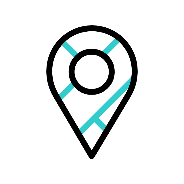 A black location pin icon with blue map lines inside, representing a map or navigation concept on a white background.