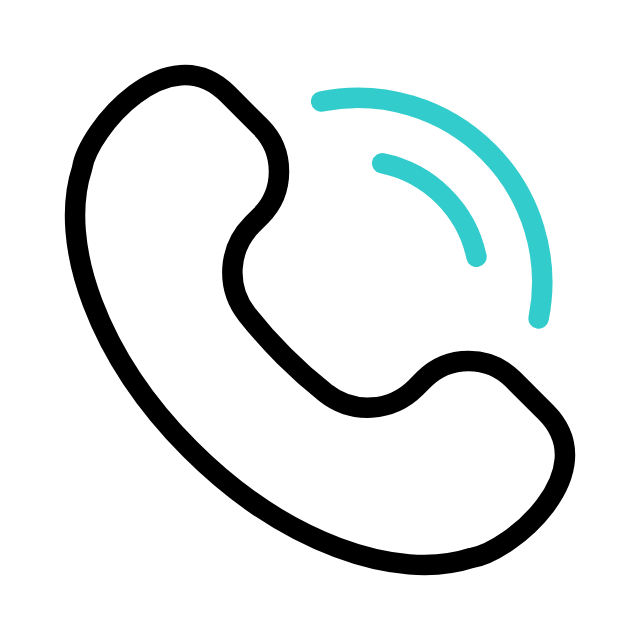 Black phone handset icon with two blue curved lines indicating ringing or an incoming call, on a white background.