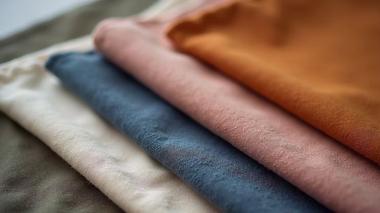 Five pieces of folded suede fabric in white, blue, pink, orange, and olive colors are laid out in a row.