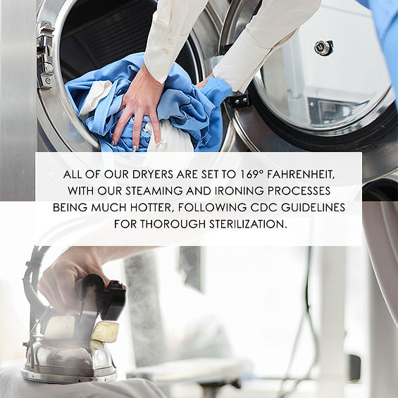 A person loads laundry into an industrial dryer and steams fabric, with text about using high temperatures for sterilization per CDC guidelines.