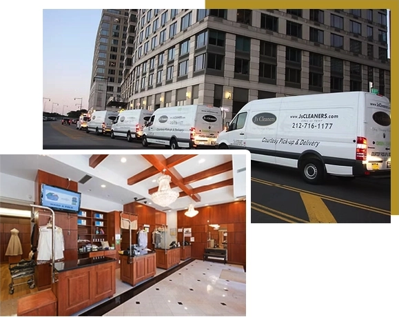 A row of white delivery vans parked on a city street and an interior view of a dry cleaning store with wooden counters and equipment.
