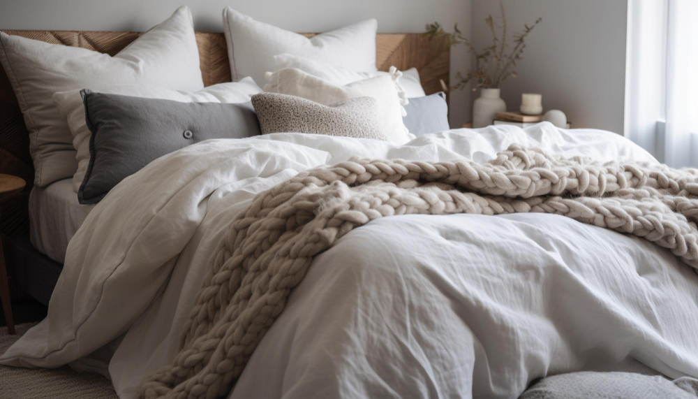 A neatly made bed with white linens, multiple pillows, and a chunky knit beige blanket in a softly lit, cozy bedroom.