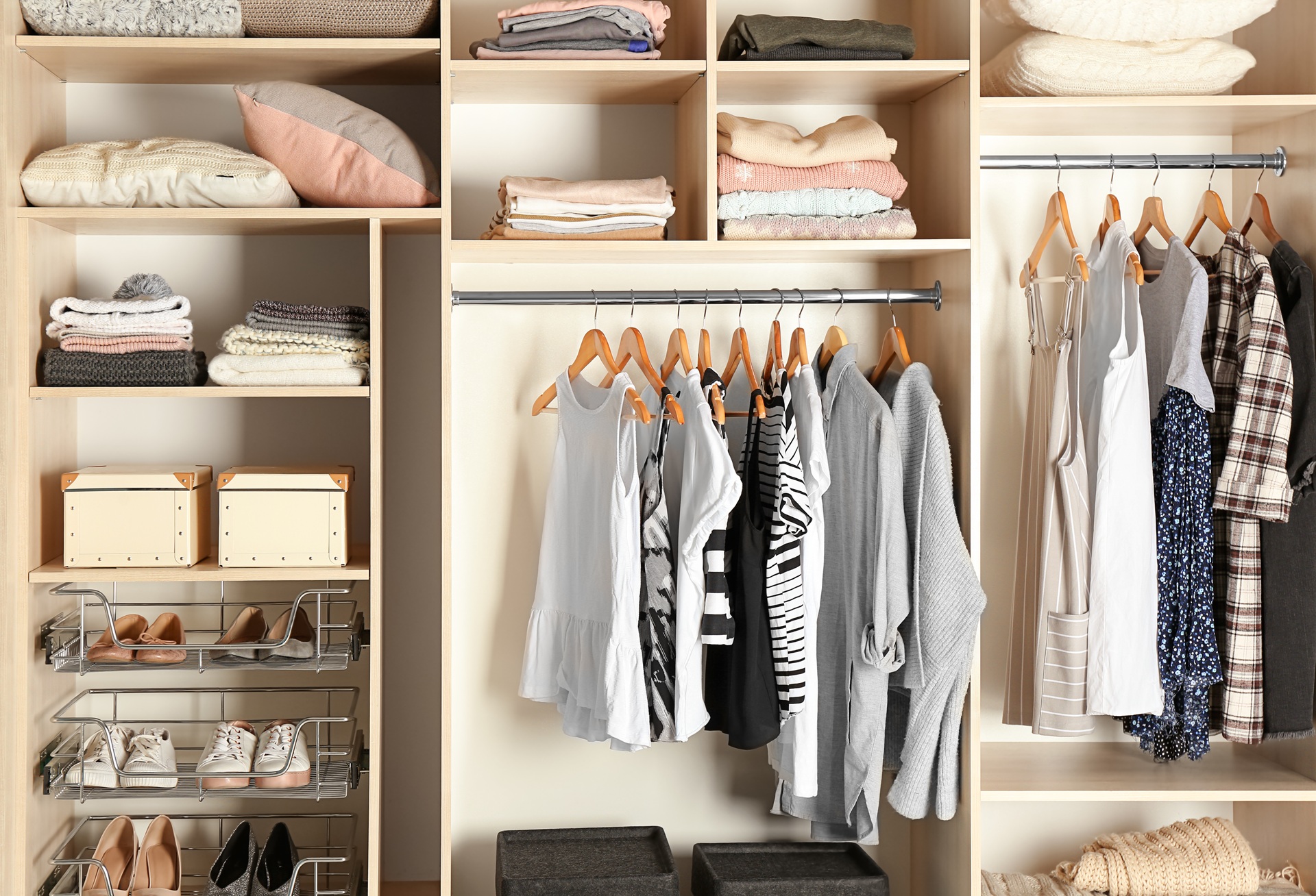 Organized closet with hanging clothes, folded sweaters, shoes on racks, storage boxes, and shelves with neatly stacked items.