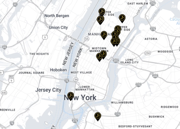 Map showing multiple marked locations throughout Manhattan, New York City, with the majority concentrated in Midtown and Upper East Side.