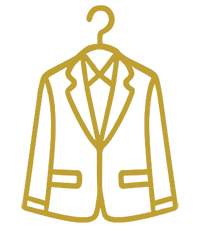Line drawing of a suit jacket and bow tie on a hanger, depicted in gold and gray colors.