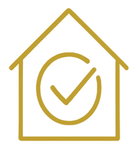 A gold outline of a house with a checkmark inside.