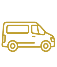 Gold outline icon of a van in a side view, with simple lines and minimal detail on a white background.
