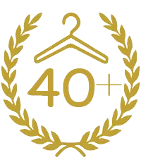 Gold laurel wreath surrounding a clothes hanger and the text “40+” in the center.
