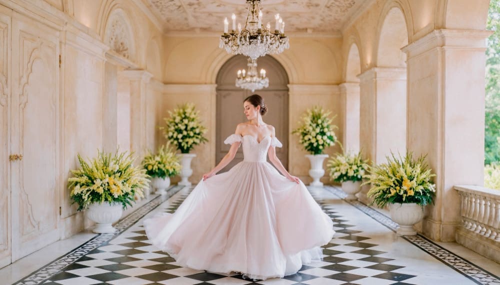 A woman in a white gown stands in an ornate hallway with chandeliers, columns, and large floral arrangements on a checkered floor.